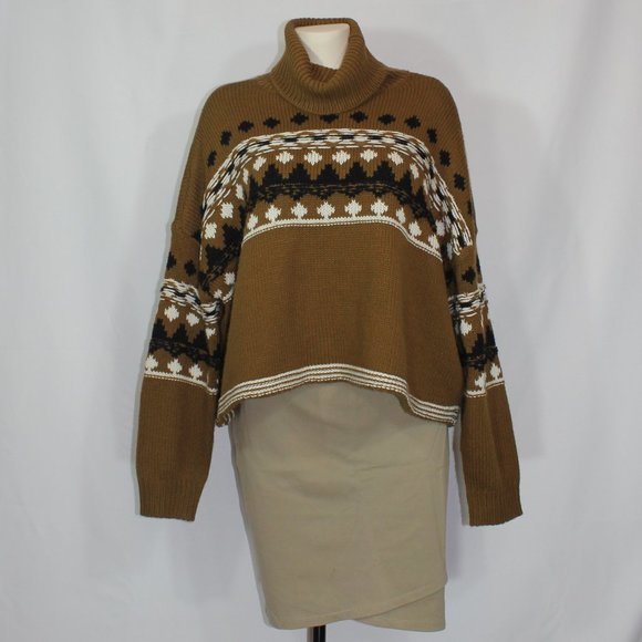 Oak and Ivy knit sweater brown with geometric pattern oversize turtleneck Medium - Picture 4 of 9